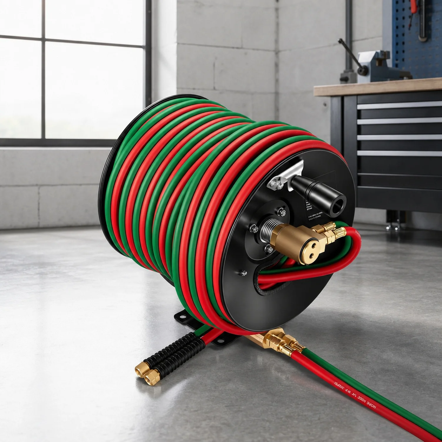 Retractable Welding Hose Reel, Hand Crank Manual Rewind with 1/4 Inch x 100FT Twin Oxygen Acetylene Rubber Max 300PSI - T Grade