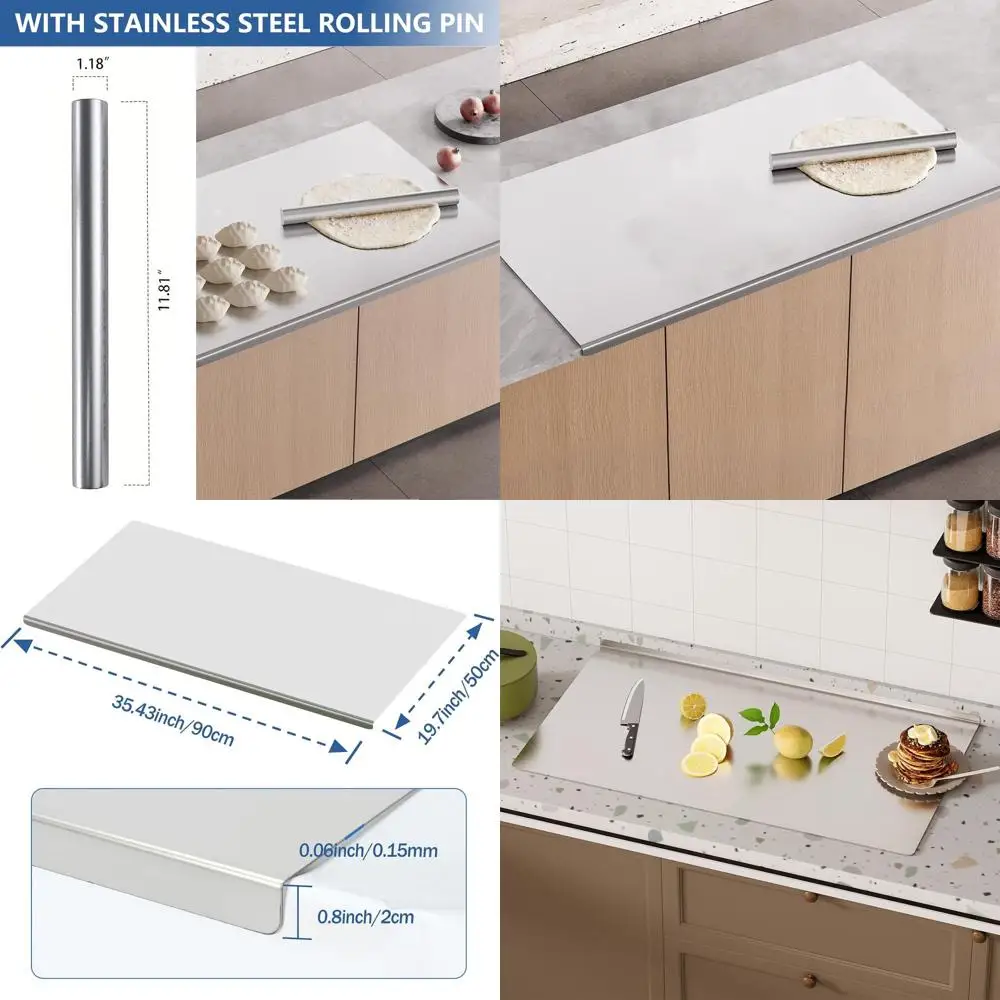 

Stainless Steel Chopping Board 35.4 x 19.7 with Rolling Pin & Non-Slip Mat for Baking and Food Prep
