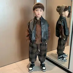 3 PCS set Spring Autumn Clothing set Leather vest+ Shirt+Loose Plaid Pant Kid Children baby toddler Boys Fashion Handsome clothe