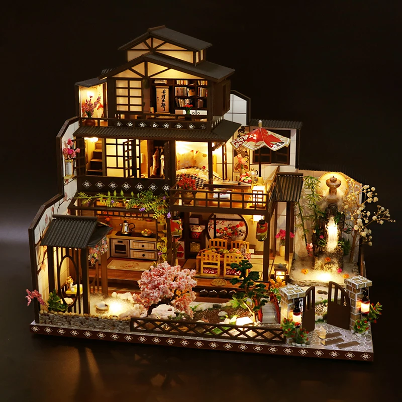 DIY Wooden Doll Houses Japanese Casa Miniature Building Kits with Furniture Led Large Villa Dollhouse for Adults Birthday Gifts