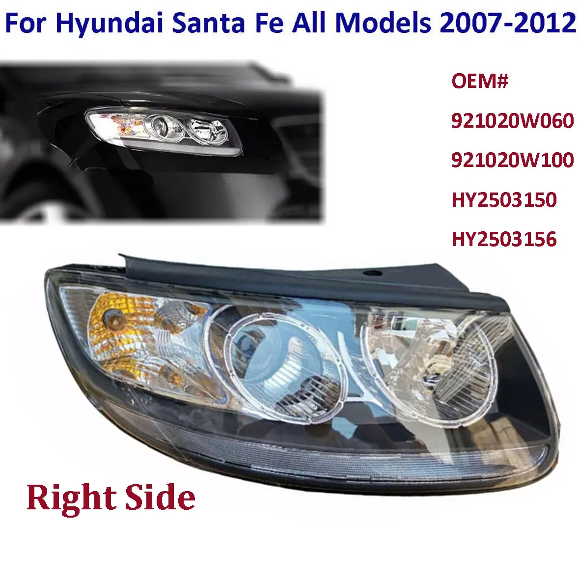 Headlight For Hyundai Santa Fe 2007-2012 Passenger Side 6Pin Headlamp Assembly