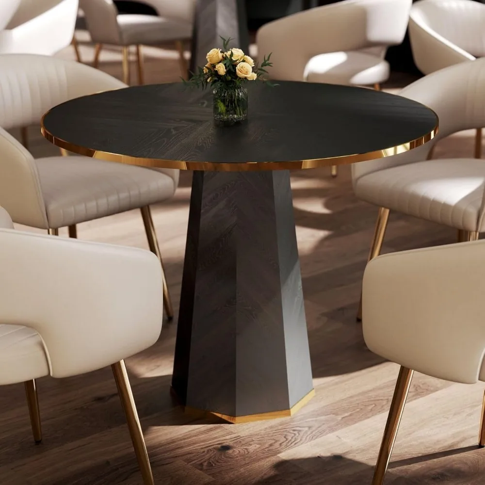 

Черный круглый обеденный стол на пьедестале, 39,5-дюймовый небольшой круглый деревянный кухонный стол для 4 человек с золотой отделкой, узкий современный завтрак
