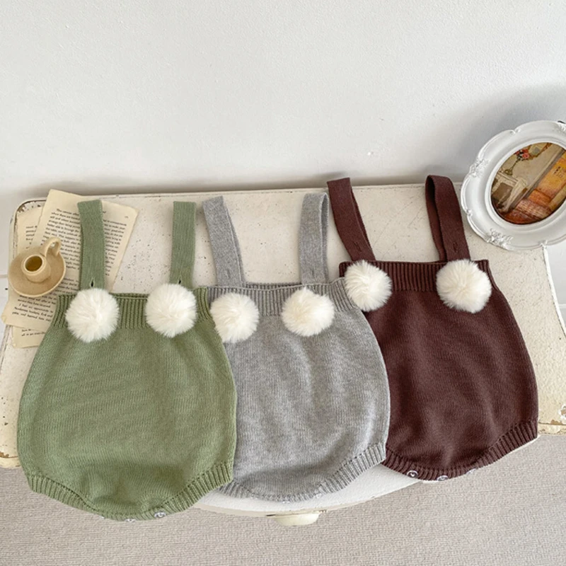 

Autumn Baby Bodysuit Knit Newborn Girl Boy Jumpsuit Hairy Balls Outfits Sleeveless Jumpsuit Infant Toddler Clothing Overalls