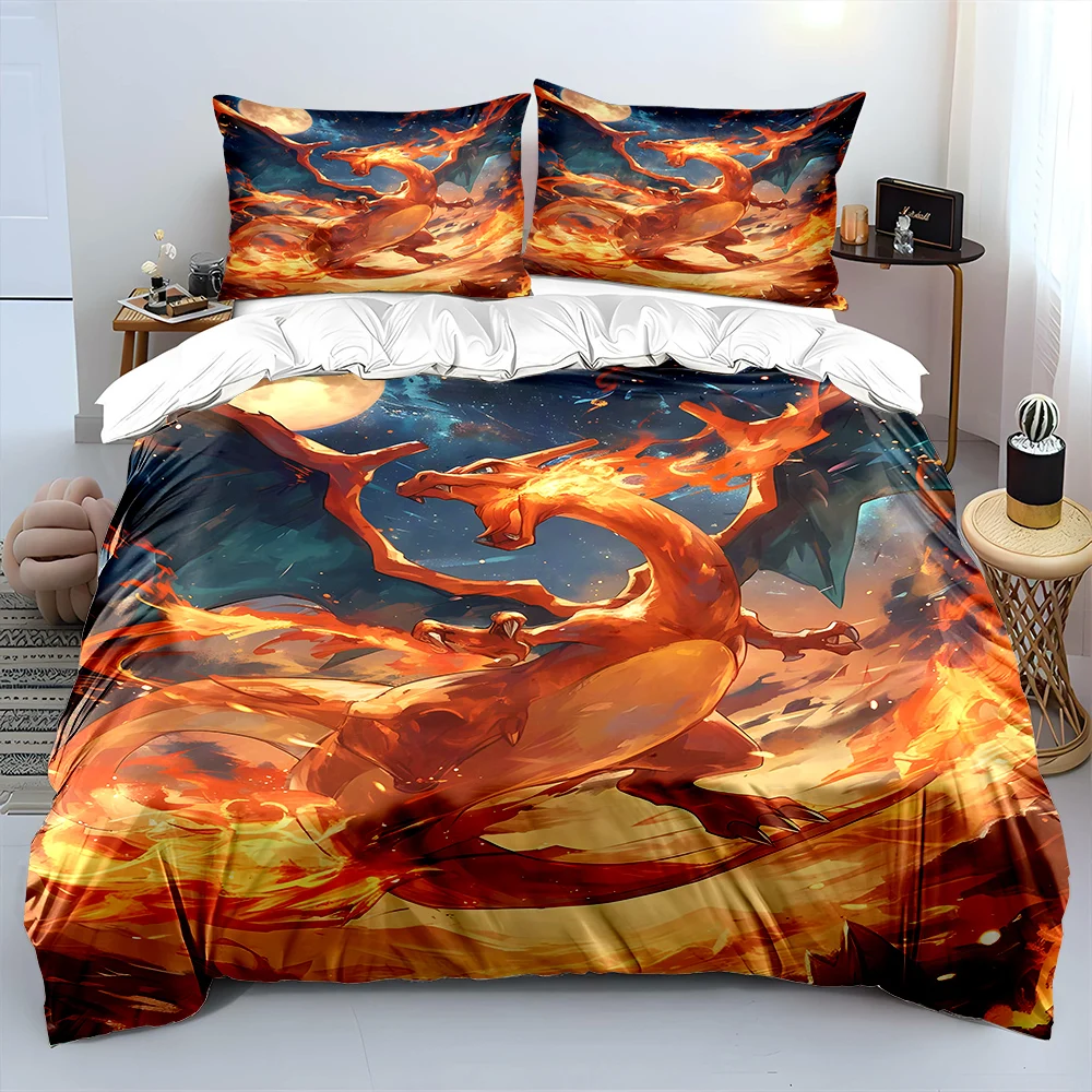 Pokémon Charizard Print Bedding Set Children 3 Pieces King Size Bed Set Pillowcase Adult Child Bed Cover Bedroom for Gifts