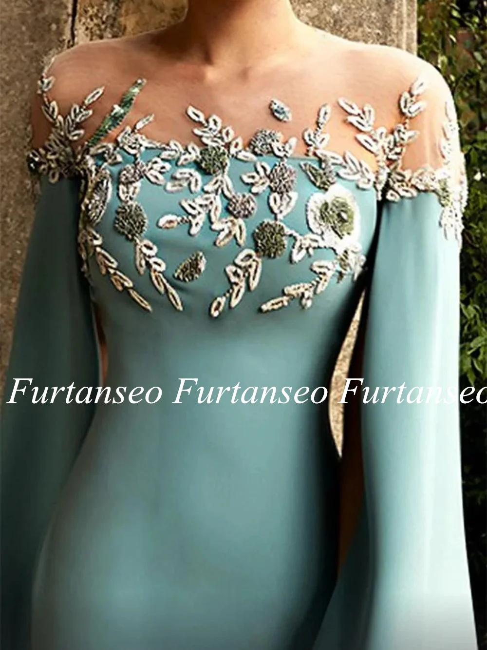 Sexy Arabian Prom Dress Sheer Round Neck Long Sleeve Cape Sequin Applique Mermaid Evening Dresses for Woman Robe De Soiree