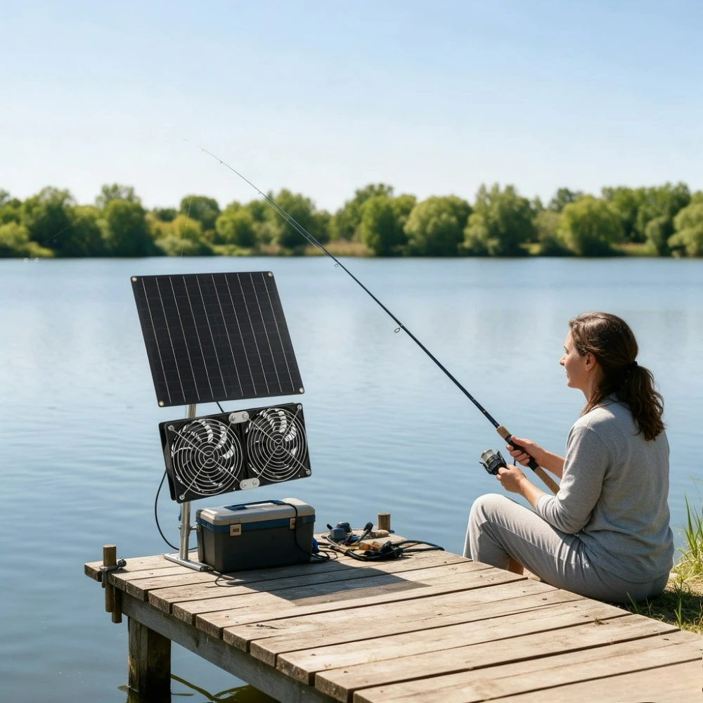 Self Powered Solar Dual Exhaust Cooling Fan 15W 20W Solar Panel IPX7 Waterproof Low Noise Outdoor Ventilation System for Dog