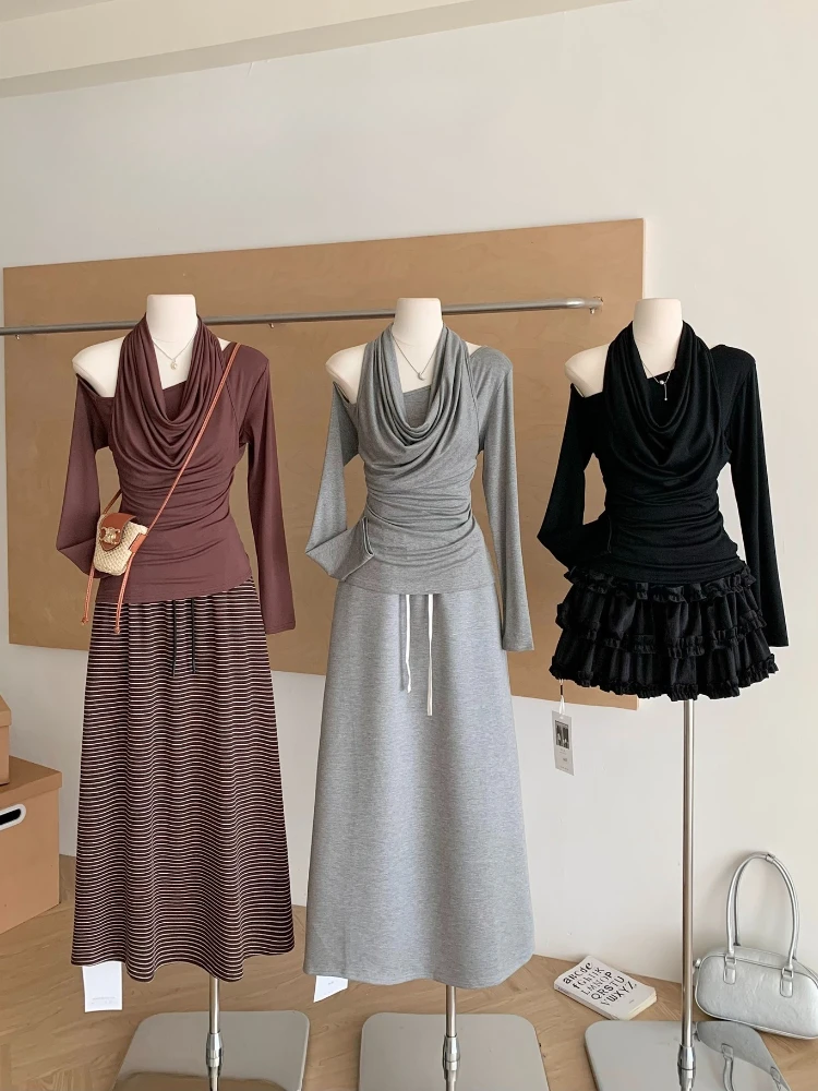 

Осенний американский ретро утягивающийся дизайн с подвесным воротником, шикарный пуловер Y2k, корейская мода, сексуальные вечерние элегантные женские топы, женская одежда