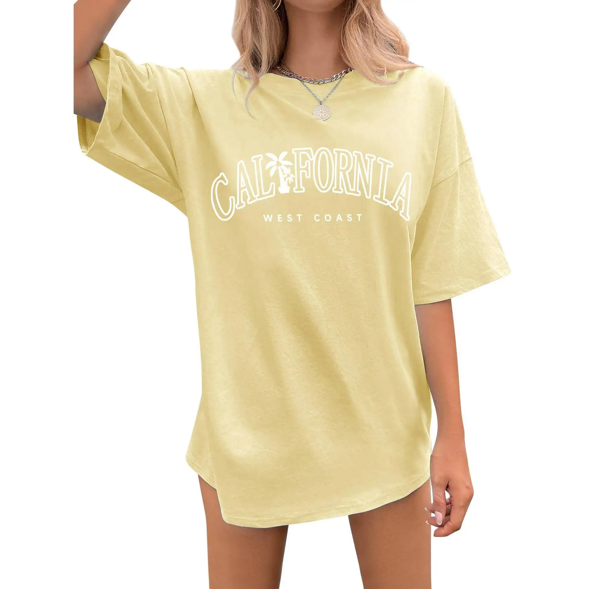 تي شيرت نسائي فضفاض موديل 2023 بأسلوب كاجوال برقبة مستديرة وأكمام قصيرة مطبوعة مريح من القطن بأكمام خفاشية #1