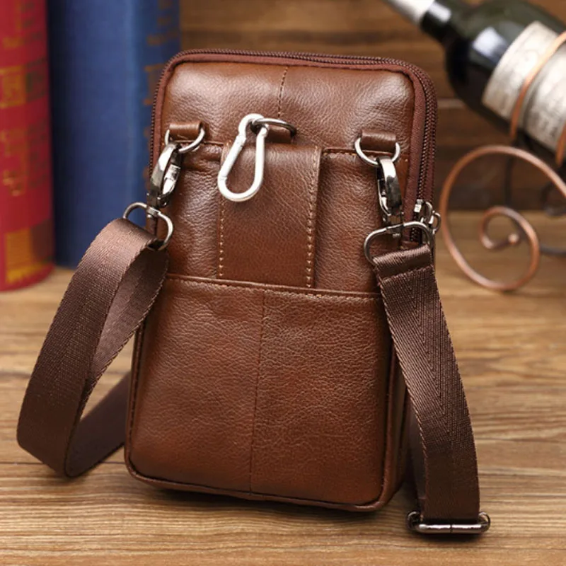 Fashion Men Waist Bag Genuine Leather Cell/Mobile Phone Coin Purse Pocket Shoulder Belt Bag Military Male Crossbody Bag