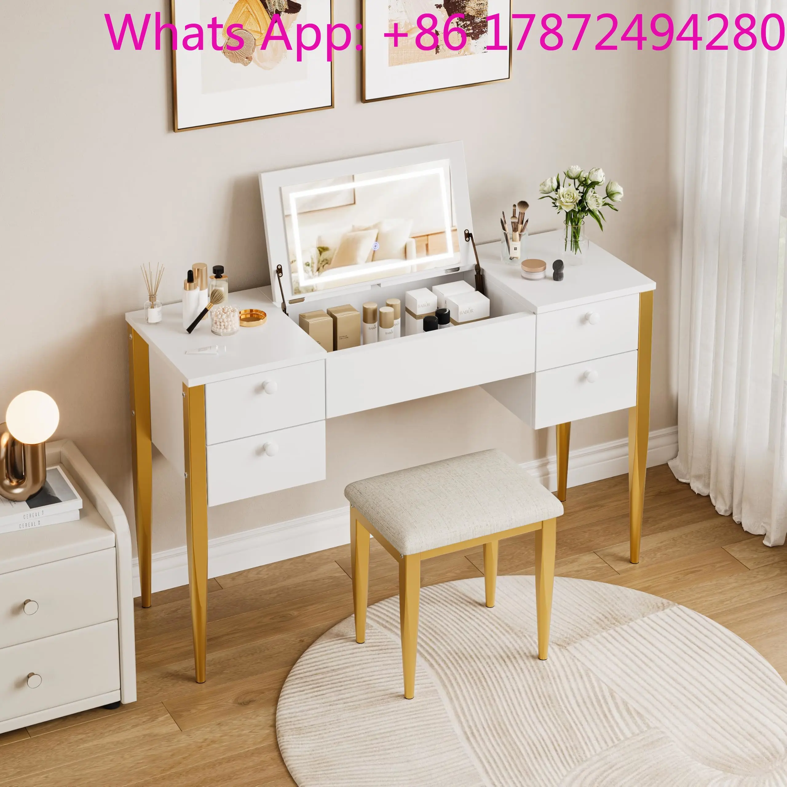 47“ Makeup Vanity Desk with Flip Top Mirror and Lights,3 LightingMode, 3 in 1 Vanity Table with 5 Drawers