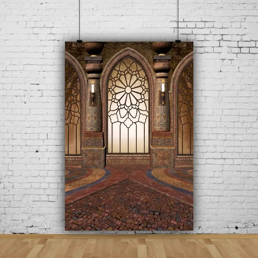 Renaiss Medieval Castle Interior Photography Backdrop Painted Pillars Brick Floor Arched Window Background Party Backdrop Wall