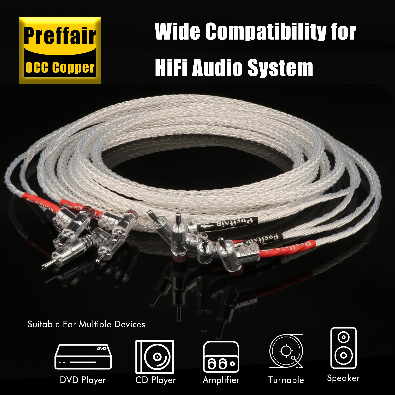 Audiophile 8AG OCC Silver Plated Speaker Cable,16 Strands Braided Loudspeaker Cable with Banana Plug