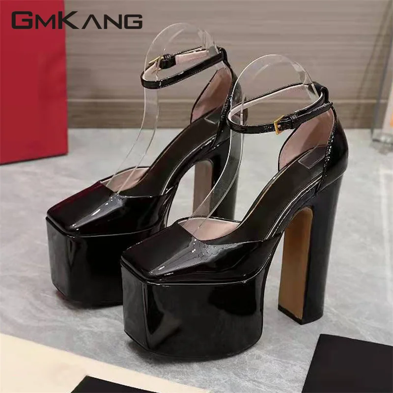 New Platform Shoes Women Super High Heels Runway Shoes Patent Leather Women Pumps Square Toe Chunky Heels Party Shoes Woman