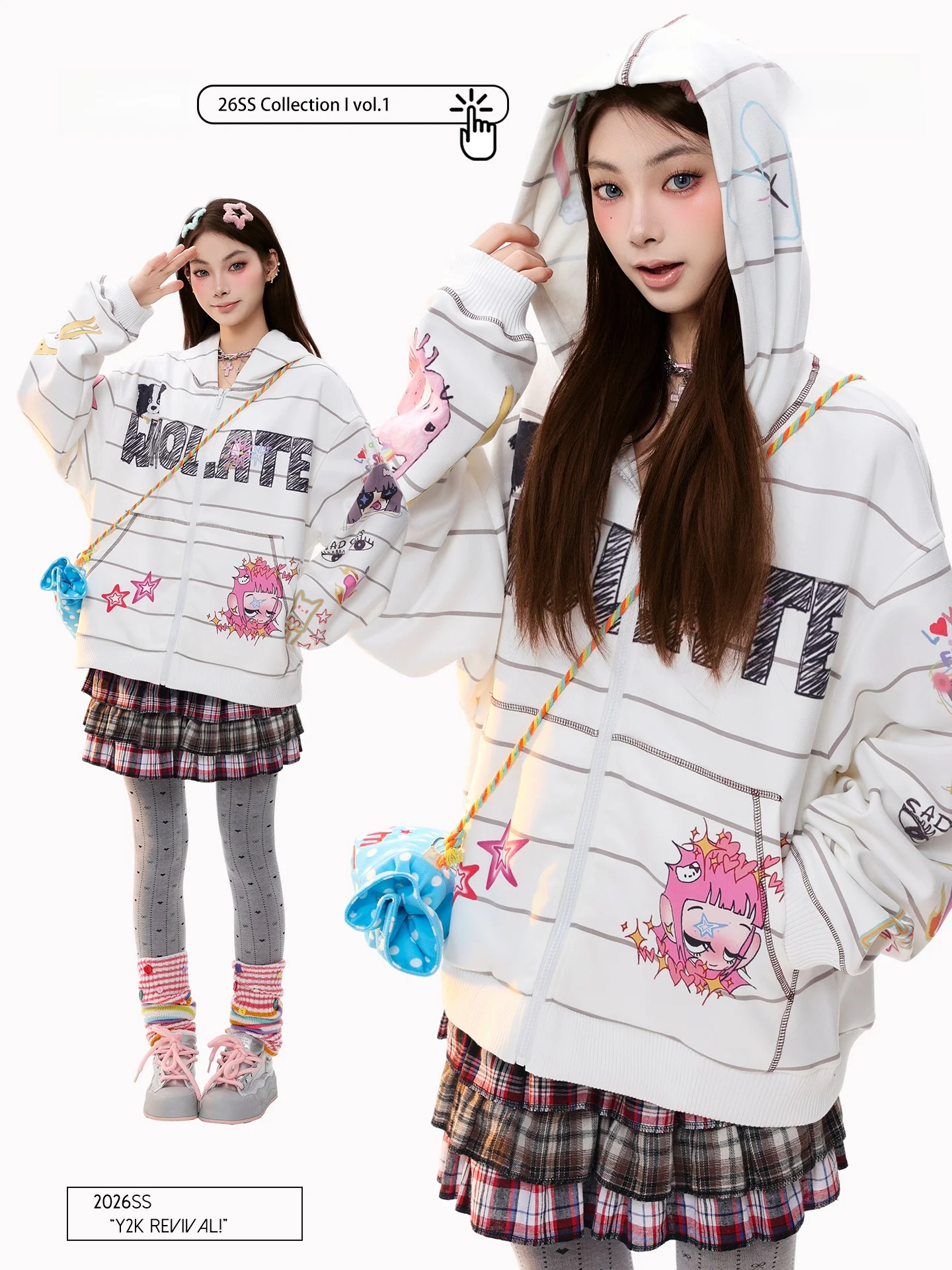 

PBB American Retro fiti Striped Hoodie Women's College Sle Fun White Zipper Top Jaet Loose Fit Casual Cartoon Pattern