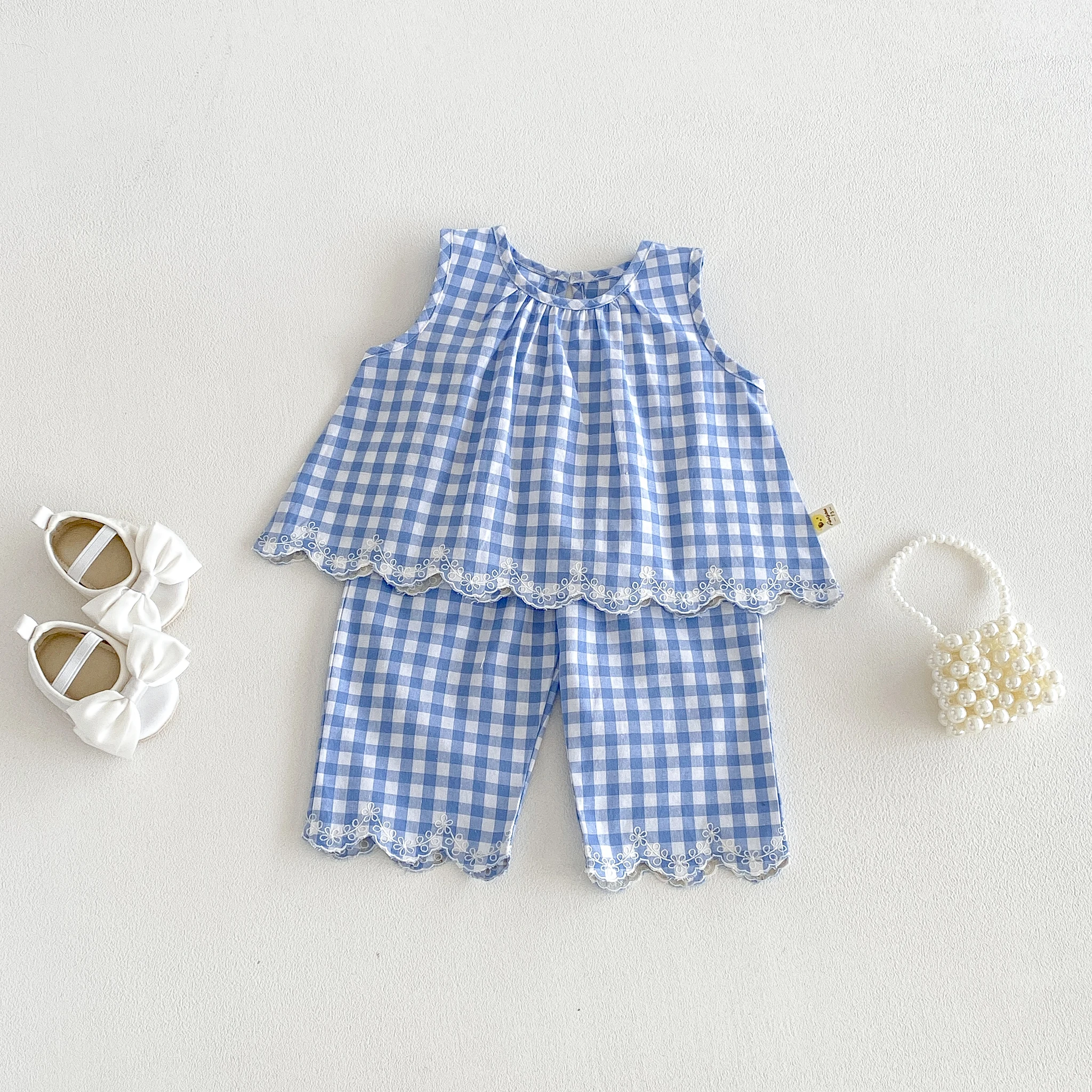 Korean-style Girls' Contrast Checkered Set, Sleeveless Vest with Wide-leg Pants, Stylish Summer Two-piece Outfit