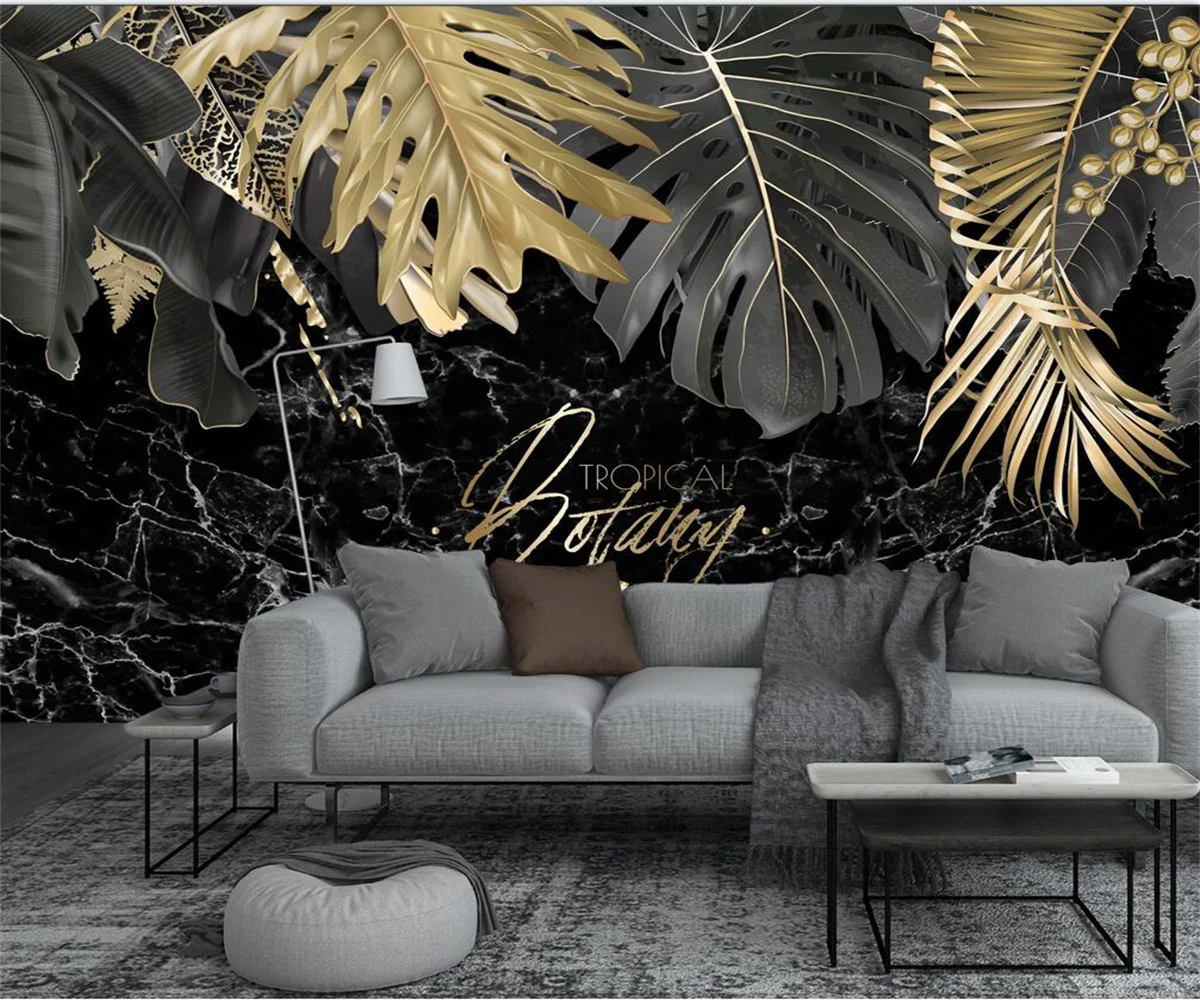 Modern high-end feeling golden tropical plants leaves flowers animals living room TV background wall paper customized mural