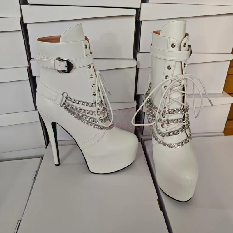 

White Metal Chain Platform Ankle Boots Women Leather Lace Up Buckle Strap Stiletto Boots New Lady Sexy British Style Party Shoes
