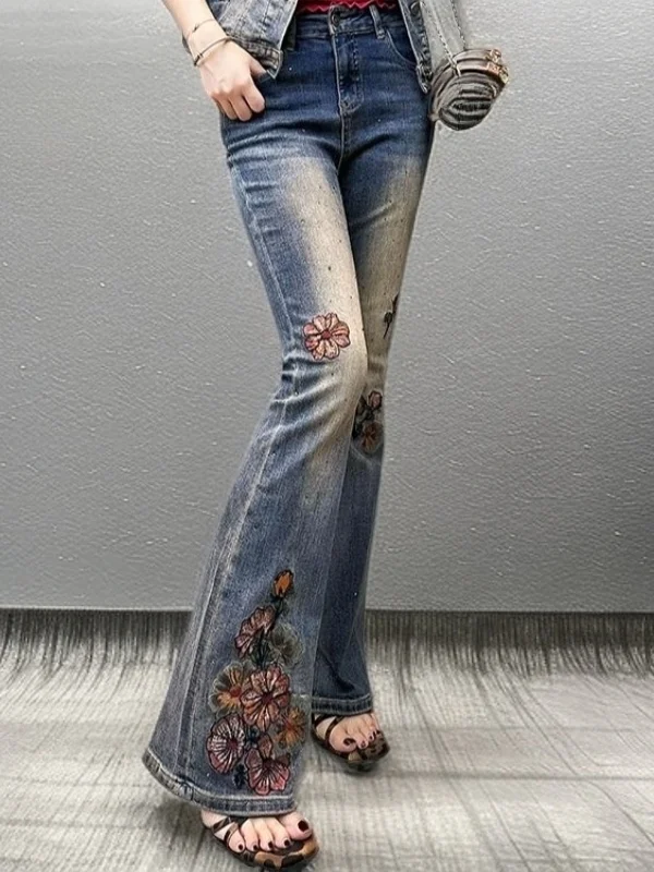 

Ele Embroidered Rhinestone Denim Micro Flared Pants Slimming Long Trousers for Women Casual High Waist Spring Season