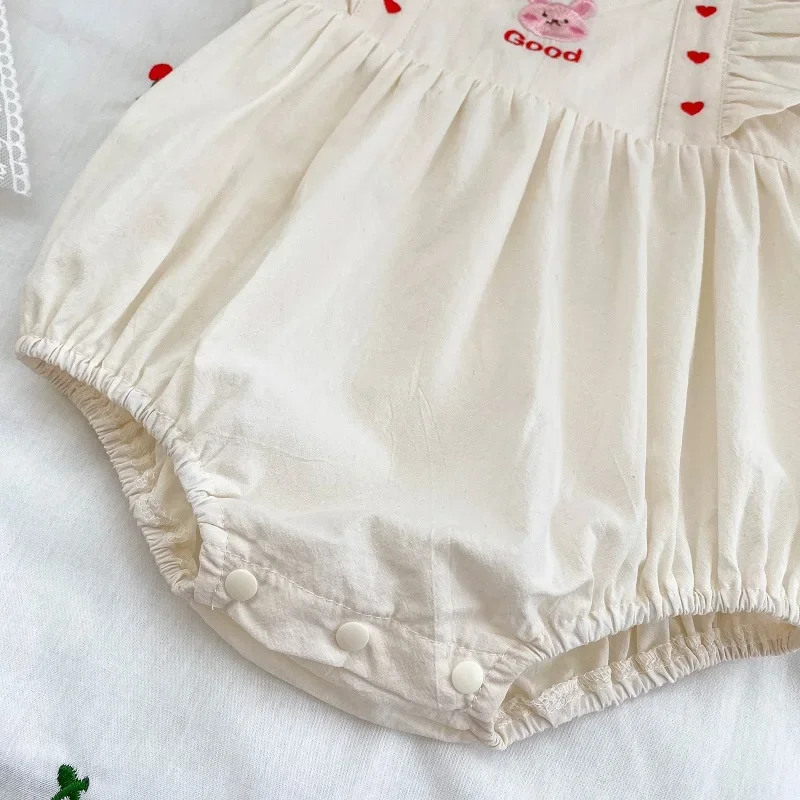 الوليد طفلة رومبير الكشكشة أكمام ساحة طوق أرنب التطريز مريلة من القطن Playsuit ملابس الصيف 0-24 أشهر