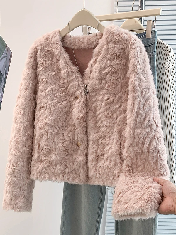 Elegant Style Short Outerwear Women's Fashion Simple Soft Fur Leather Integrated Sensation Top Relax Fit Long Sleeve Coat
