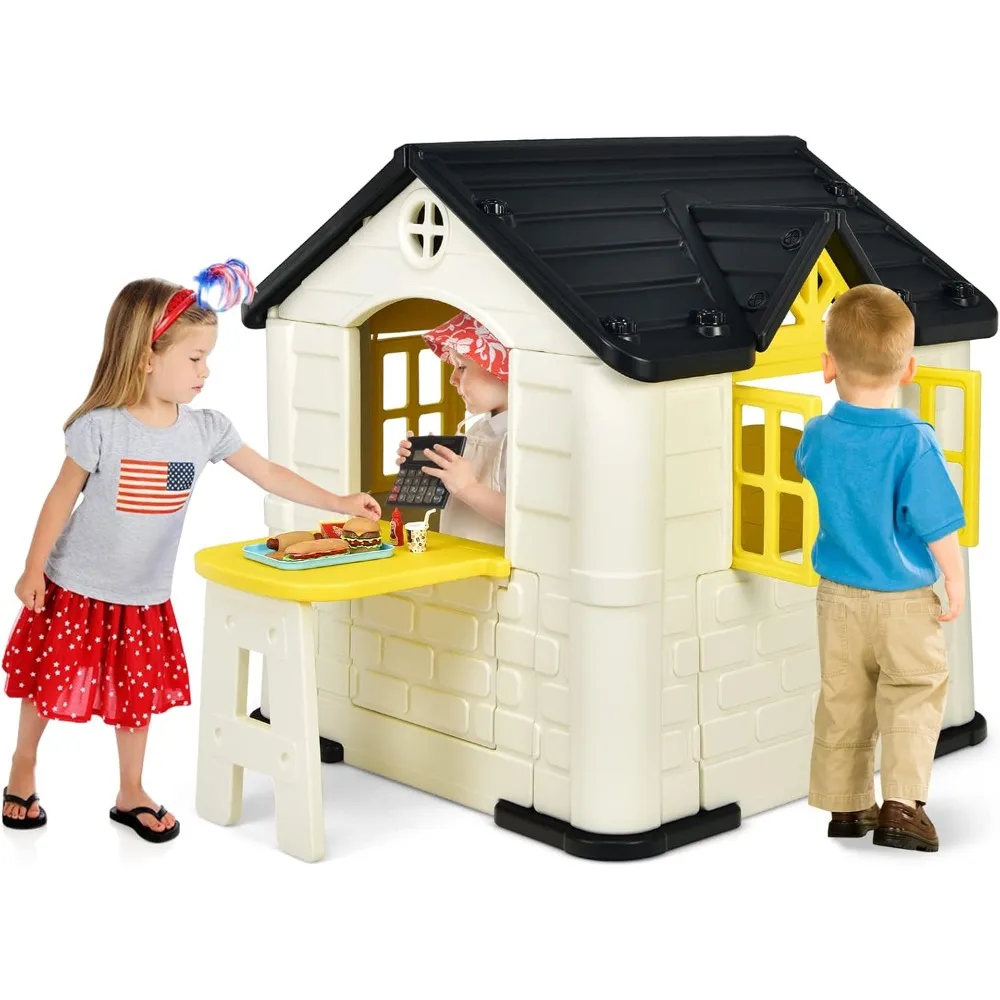 

Playhouse for Kids, Outdoor Garden Games Cottage w/Working Doors & Windows, Pretend Toy House w/Picnic Table, 7 PCS Toy Set