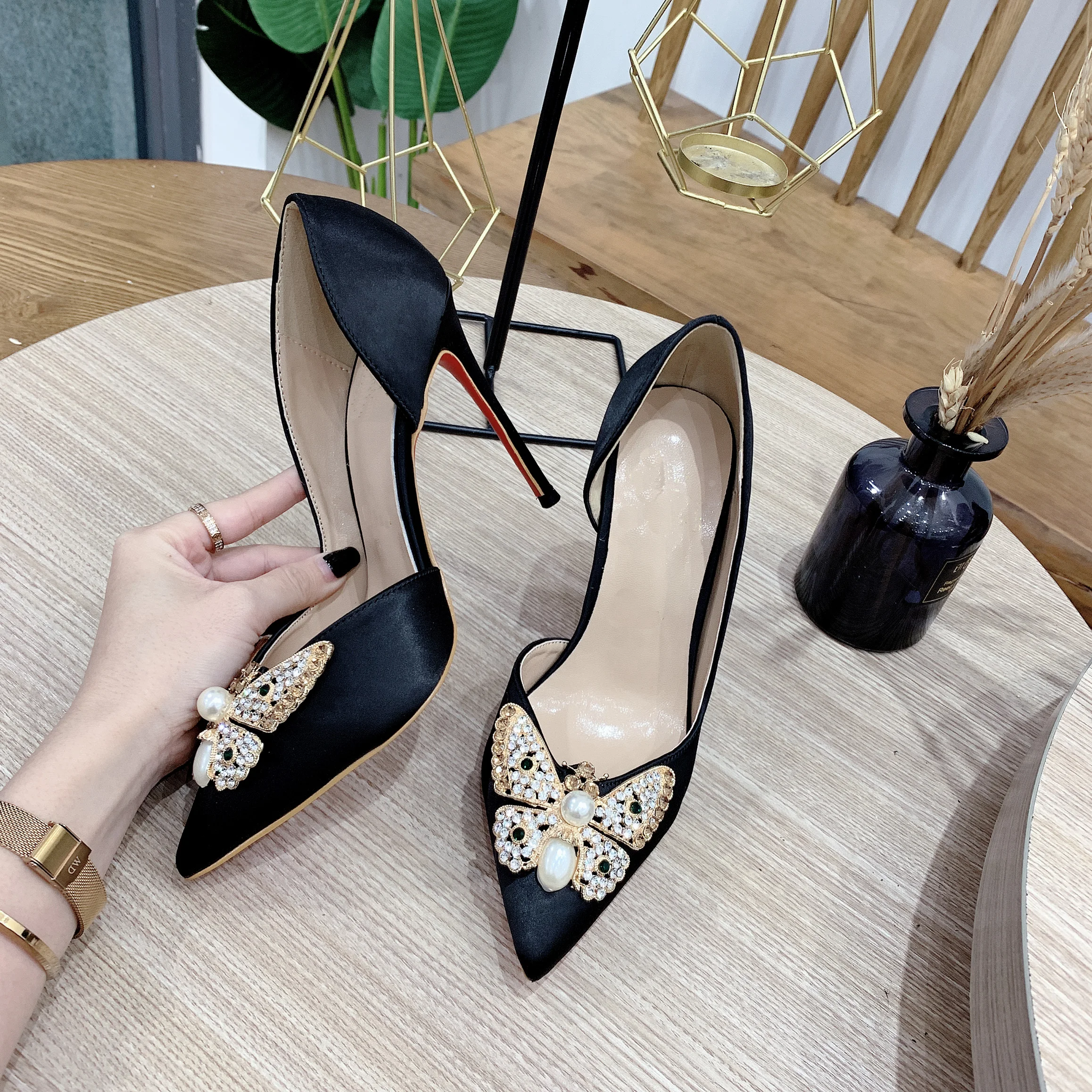 

New Black Side Hollow Satin Pointed High Heels, Rhinestone Butterfly Button, Large Size Women's Wedding Single Shoes