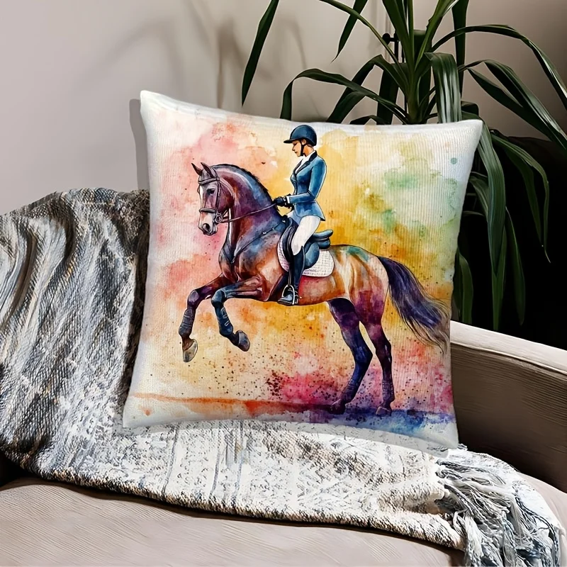 Vibrant Horseback Riding Art Throw Pillow Case for Sofa Couch Decor Equestrian Style Home Accent Cushion