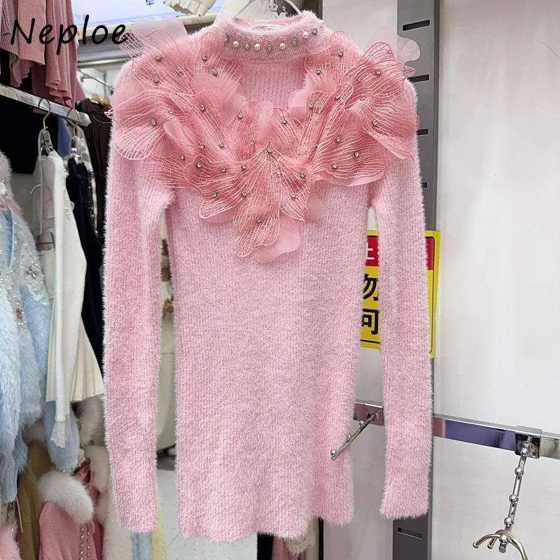 Neploe Design Sense Heavy Industry Nail Bead Three-Dimensional Flower Mink Fur Pullovers Femme 2024 Autumn Winter Soft Sweater