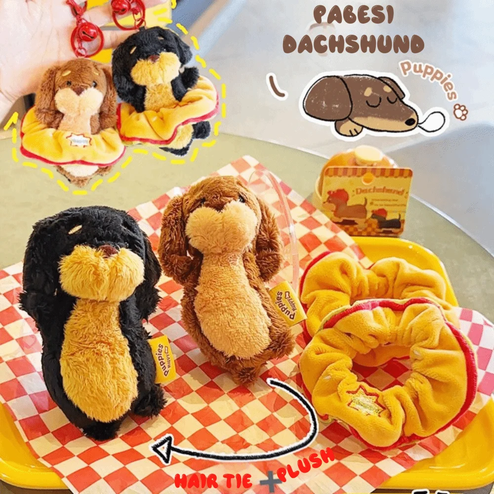 Multi-functional Plush Keychain Elastic Hair Tie Sturdy Metal Key Ring Stuffed Puppy Bag Pendant Soft Skin-friendly