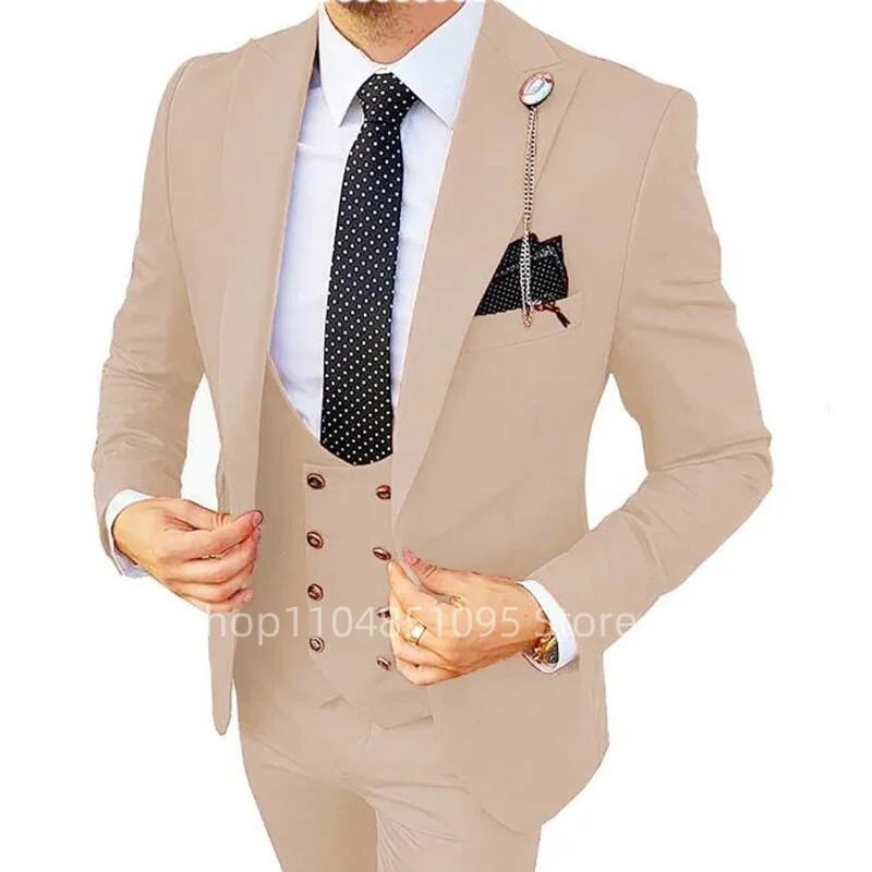 

Beige Men's 3 Pieces Fashion Suits Slim Fit Groomsmen Tuxedos Formal Wedding/Business Men Suits Jacket+Vest+Trousers for Party