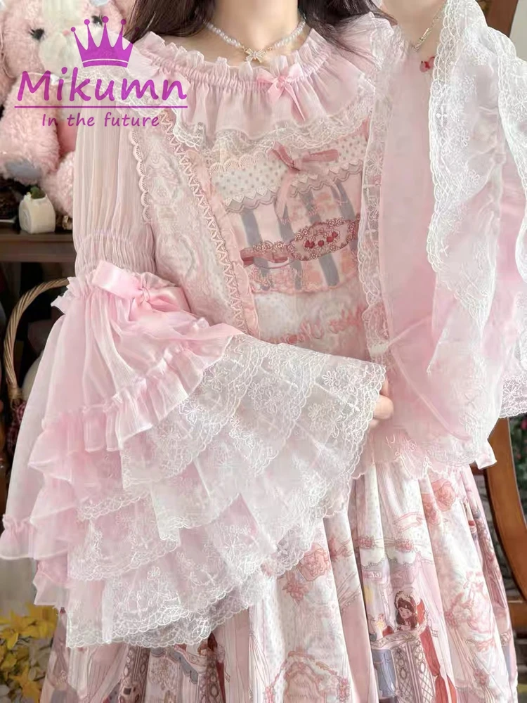 Mikumn-Chemisiers Lolita Harajuku pour femmes, chemise Kawaii japonaise, nœud en dentelle douce victorienne, volants, manches évasées, Y2K