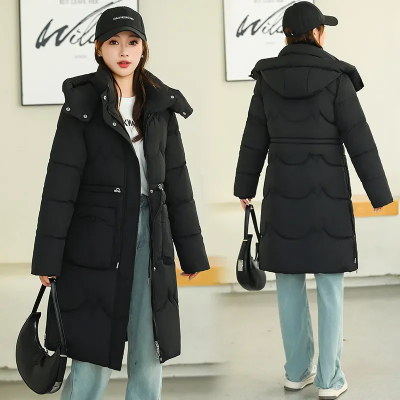 Parka Musim Dingin Tebal Hangat 2025 Mantel Berlapis Kapas Baru dengan Tudung Mantel Wanita Model Panjang Sedang Ramping Modis Mantel Katun Chic