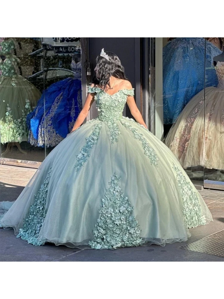 Robe Quinceanera verte sauge avec nœud, corset de 15 ans, fleurs 3D, fête d'anniversaire formelle, Rhde promo pour 16 ans