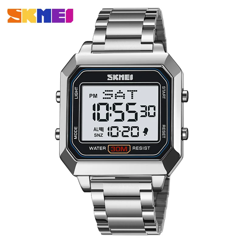 SKMEI Man Men's Electronic Square Watch Stainless Steel Band Sports Waterproof Night Glow Electronic Watch Reloj Caballero