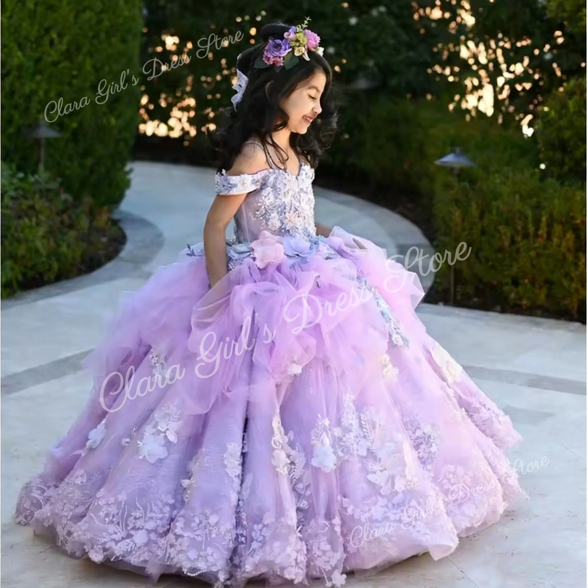 Vestidos de flores de lavanda para niña, para boda, apliques de encaje Floral 3D, fiesta de cumpleaños para niños, vestidos de primera comunión