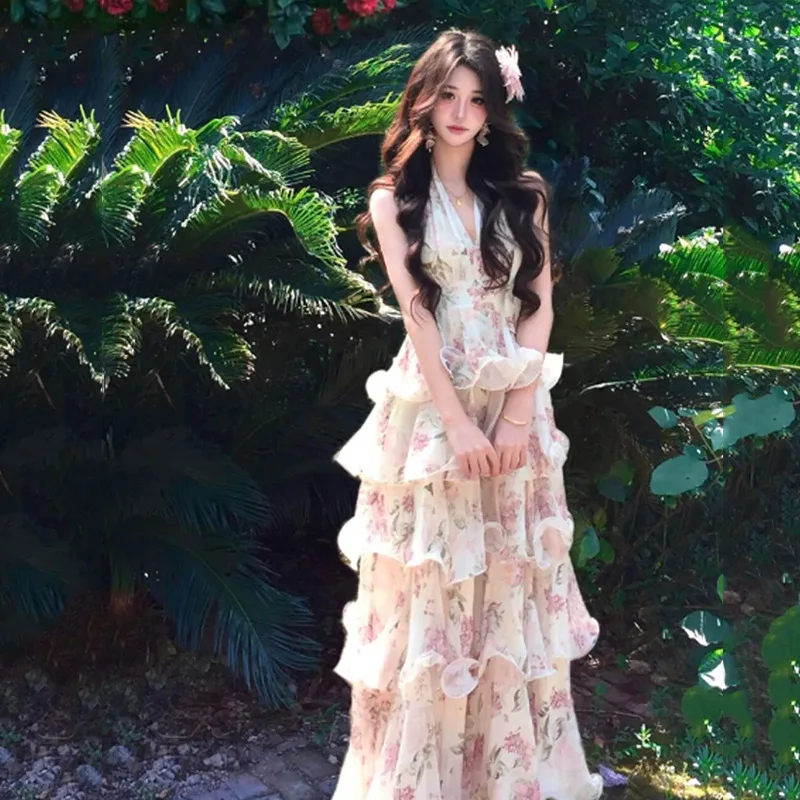 

2026 Summer Hot Selling Neckband Rose Flower V-neck Waist Cinched Cake Skirt Chiffon Long Skirt for Women