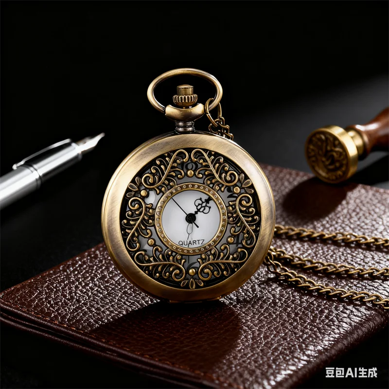 

Antique Hollow-Out Flower Cover Men Women Quartz Movement Pocket Watch Arabic Number Display Watches with Necklace Chain