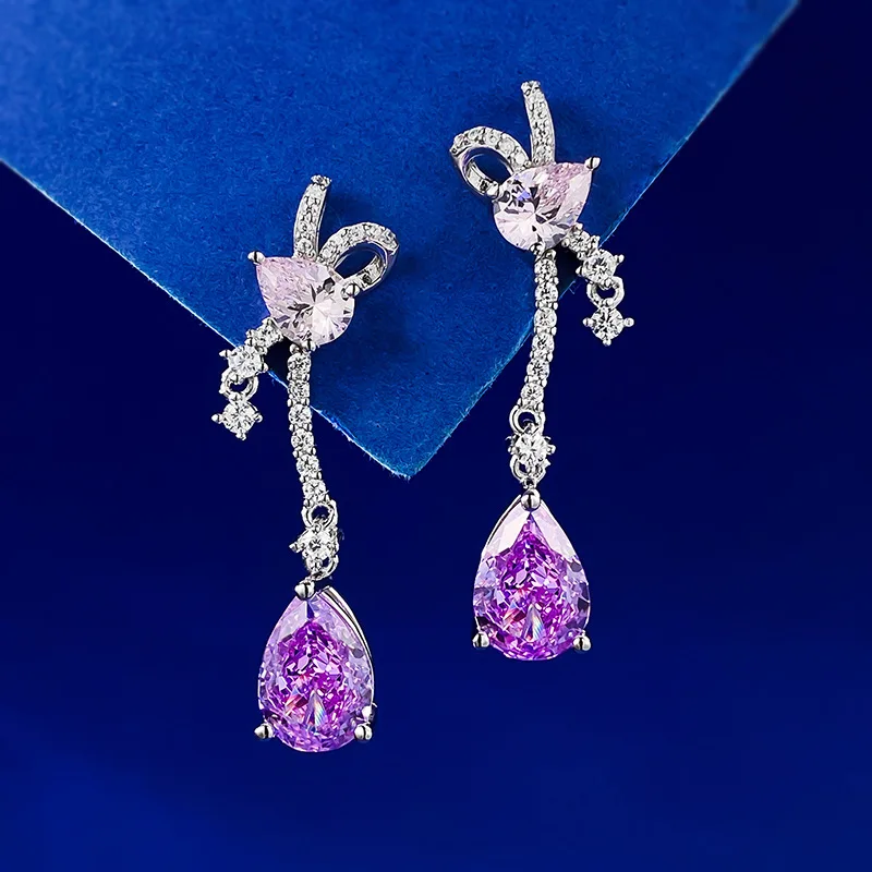 

European and American new S925 silver inlaid 7 * 10 pear shaped water drop purple diamond ice flower cut earrings for women