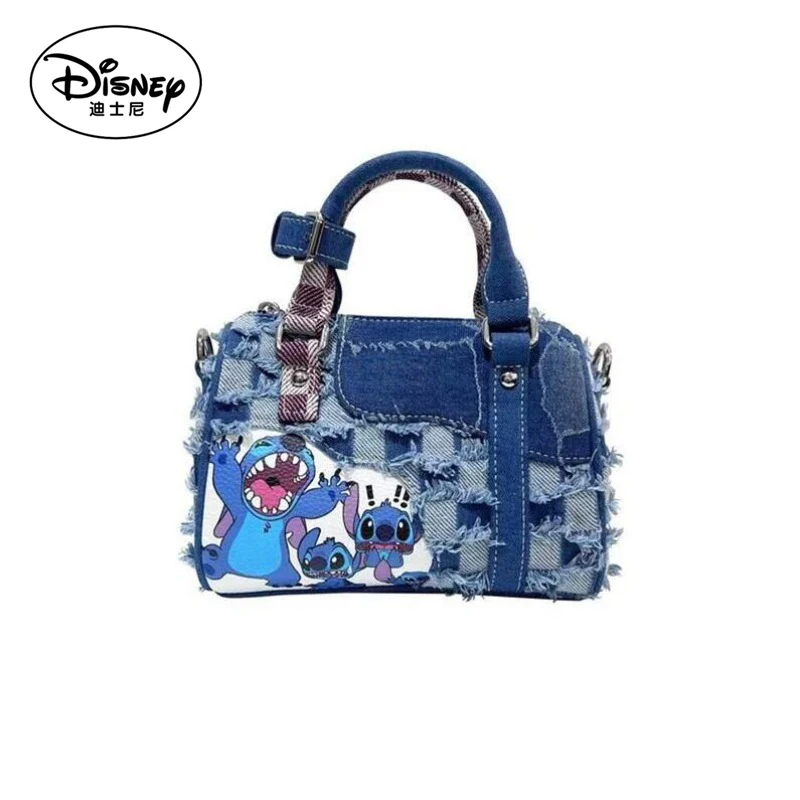 Disney New Cartoon Stitch Shoulder Bag Original Niche Denim Hole Splicing Crossbody Bag Women's Fashion Casual Handbag