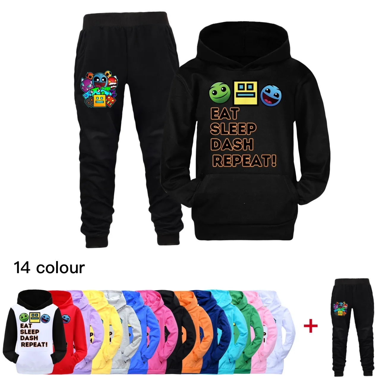 Newest Geometry Dash Clothes Set Kids Hooded Sweatshirts Jogging Pants 2pcs Suit Boys EAT SLEEP Tracksuit Toddler Girls Outfits