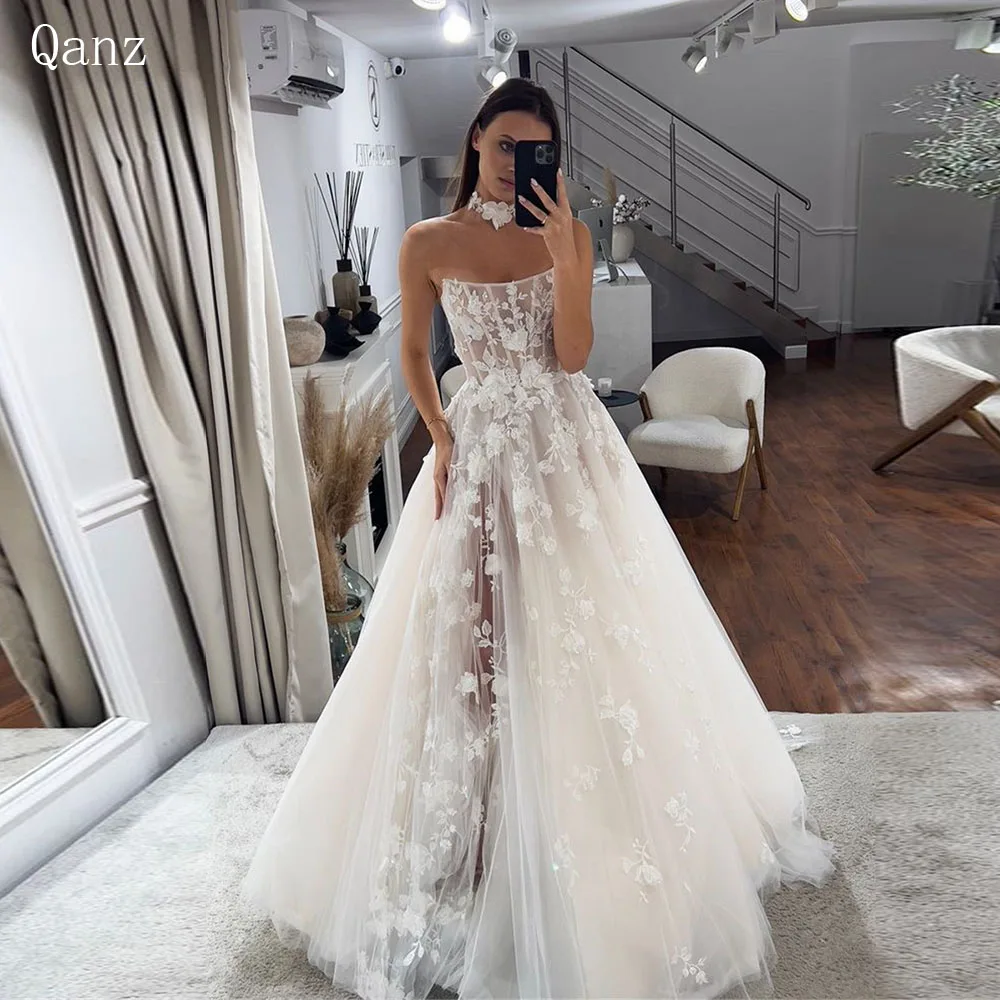 

Qanz Luxury Tulle Wedding Dress 3D Flowers Appliques Long A Line High Side Slit Pleat Floor Length Dresses For Women Bridal Gown