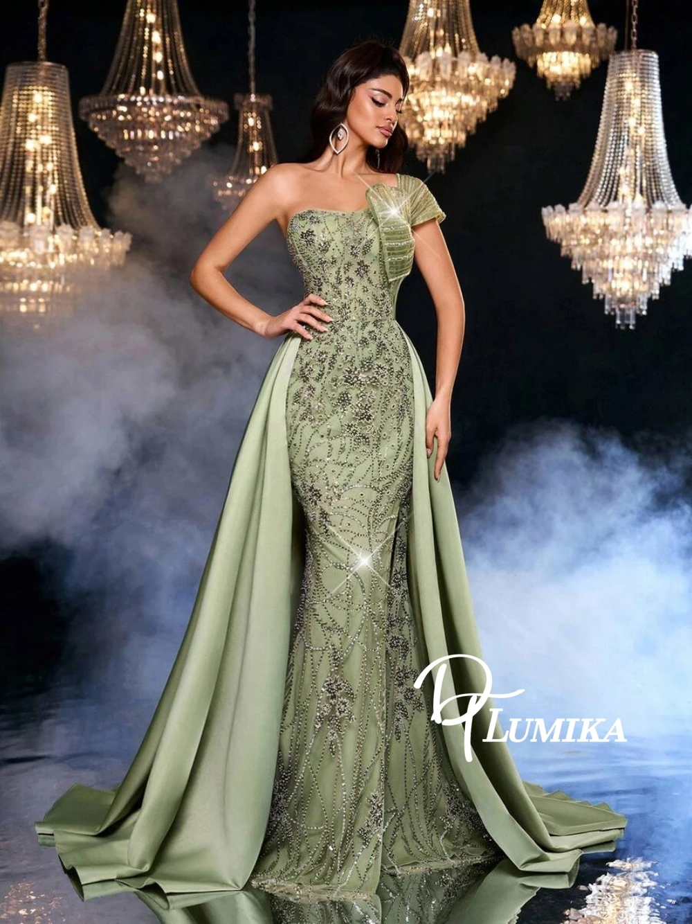 

Green 2 in 1 One Shoulder Evening Dress 2026 Beaded Graceful Customized Floor-length Cocktail Gown Vintage Party Women Wear