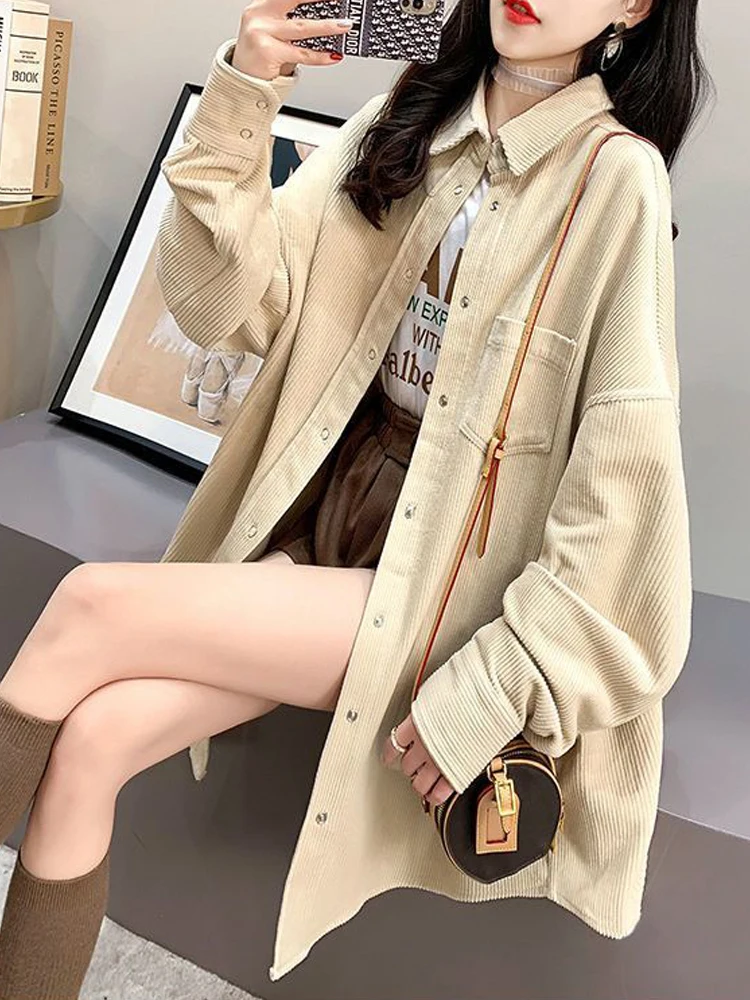 Damska gruba koszula sztruksowa z długim rękawem, luźna bluzka, ciepła zimowa odzież wierzchnia, codzienna odzież do pracy biurowej, płaszcz, beżowo-żółty