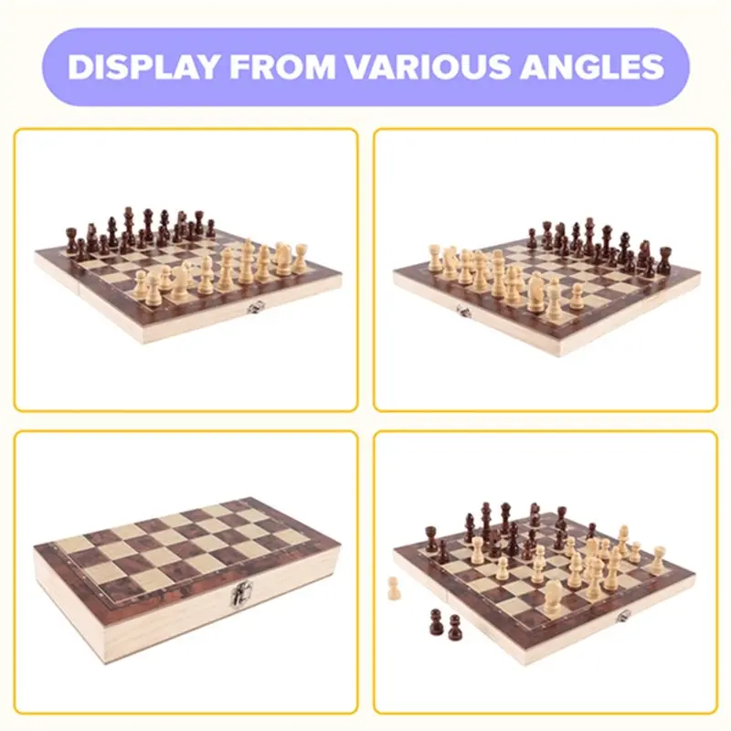 A89E-Wooden Foldable 3 In 1 Chess Backgammon Wooden Board Folding Board Game