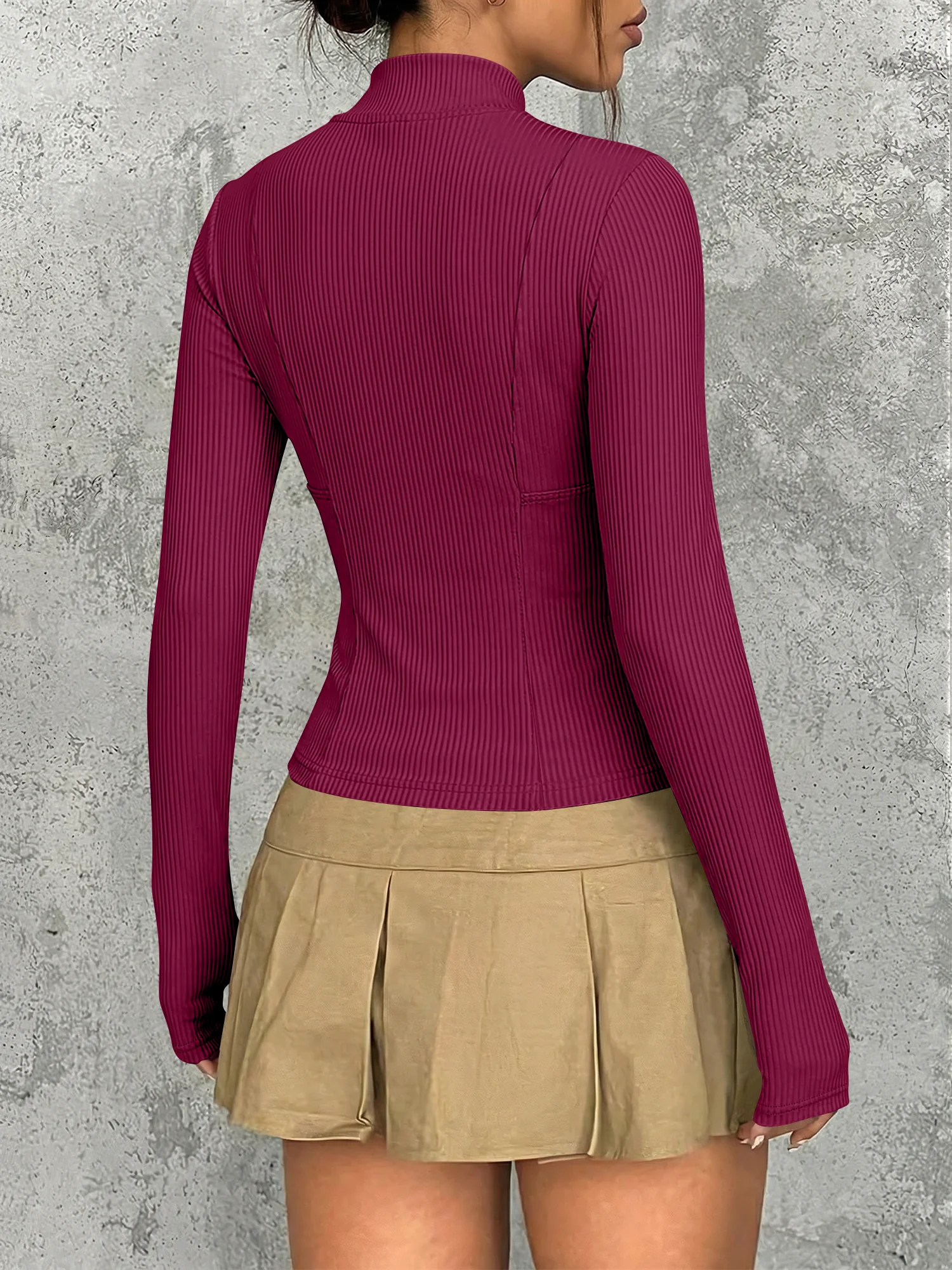 Women Slim Fit Stand Collar Zip Up Top Ribbed Knit Long Sleeve Cropped Casual Street Coat