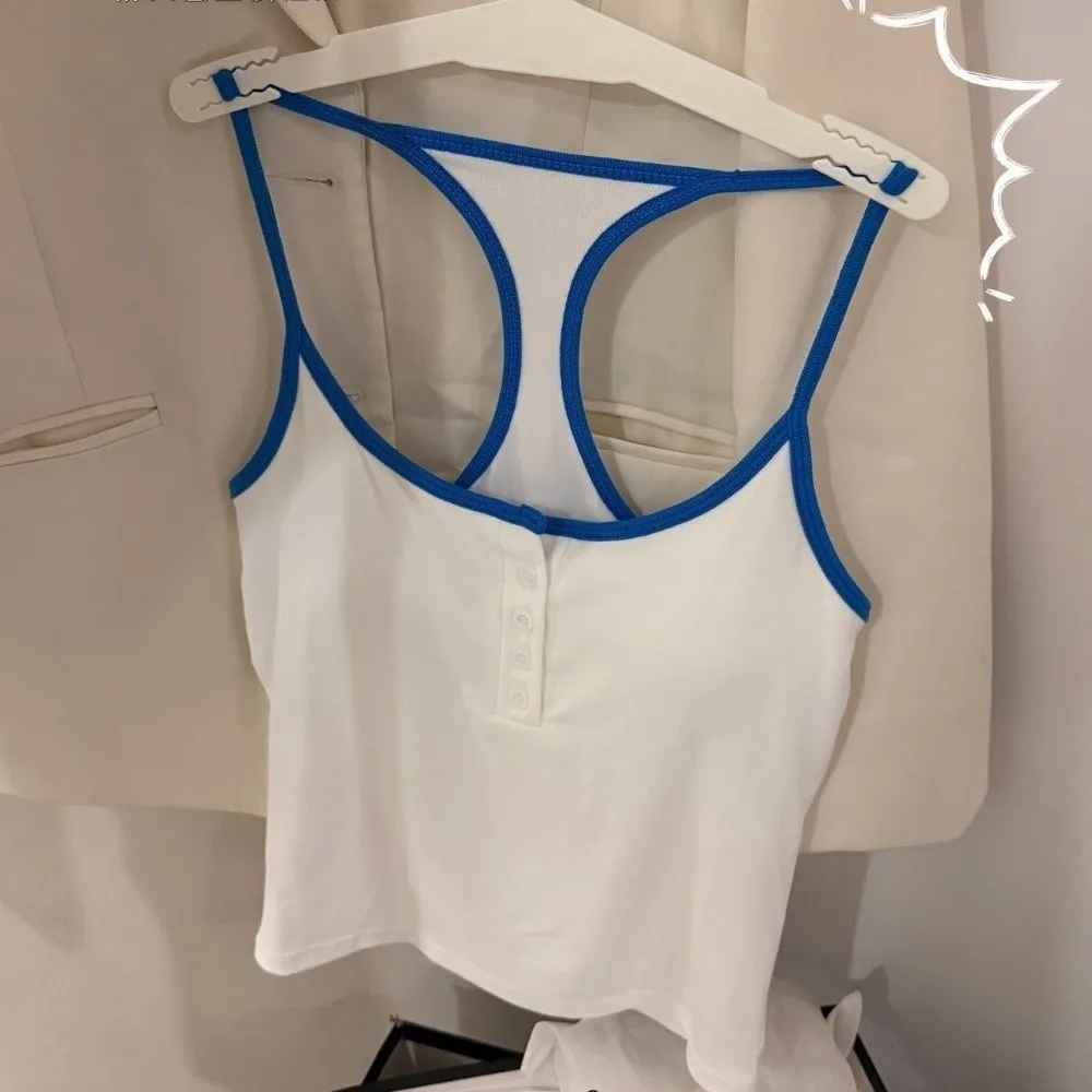 Built-in Chest Pad Padded Camisole Vest Backless Design Cotton Blend Button Neck Vest Elastic Slim Fit Sleeveless Crop Top