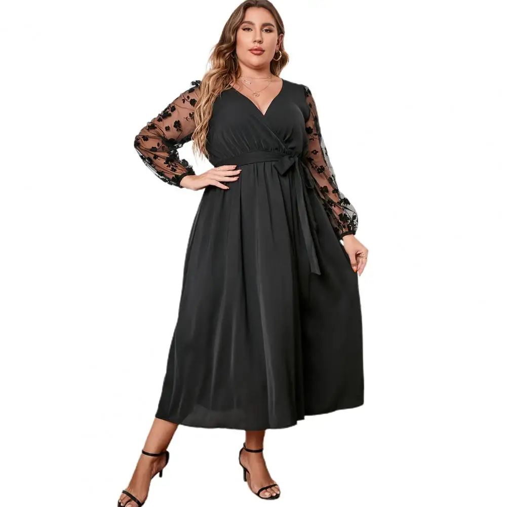 V-cut Dress Elegant V-neck Embroidered Lace Mesh Midi Dress with Long Sleeves Belt for Women High Waist Wrap Hem Plus Size