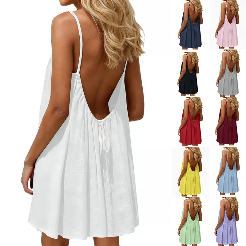 New Women Sexy Backless Dress Solid Color Loose Oversized Off Shoulder Short Dress With Straps Beach Vacation Sundress For Women