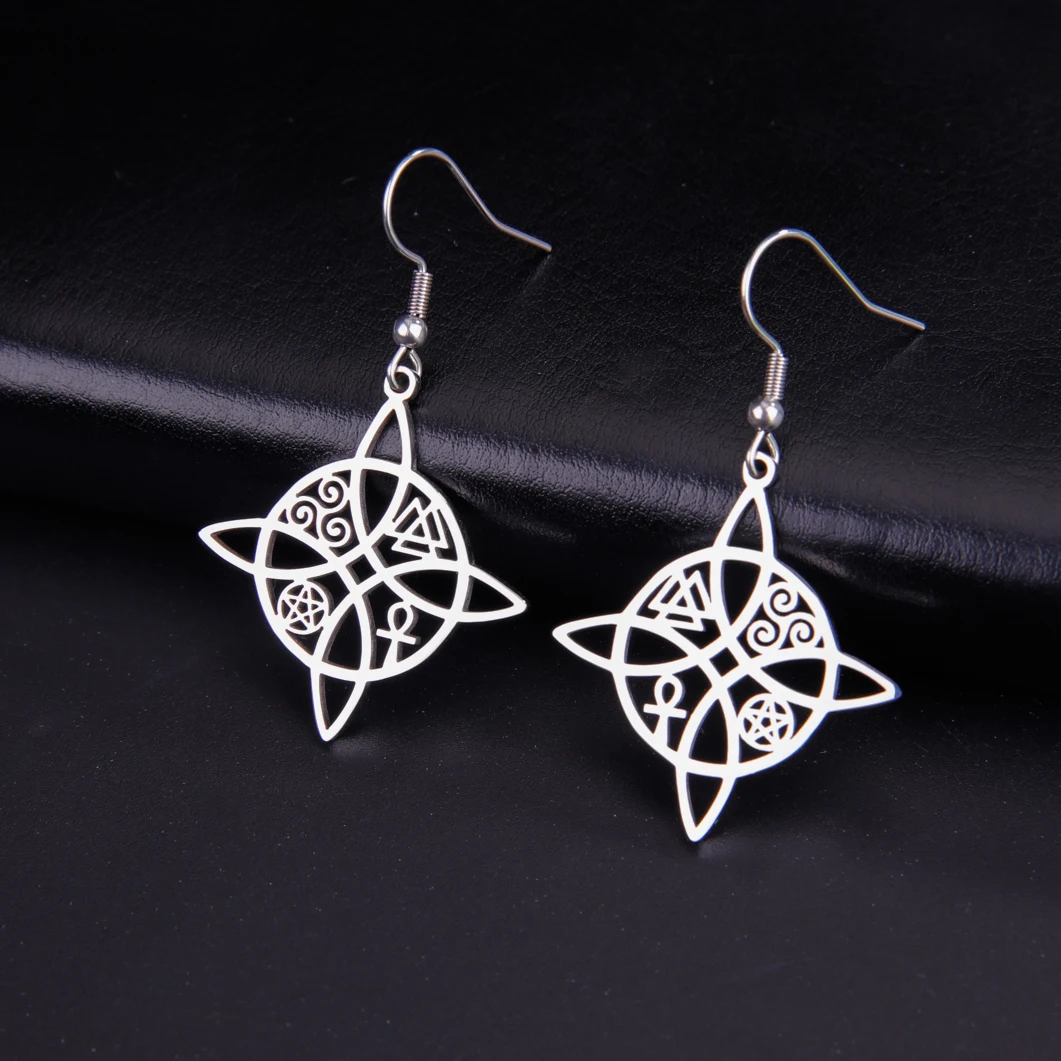 Skyrim Witch Knot Drop Earrings Stainless Steel Valknut Triskelion Ankh Cross Pentacle Earrings Amulet Jewelry Birthday Gift