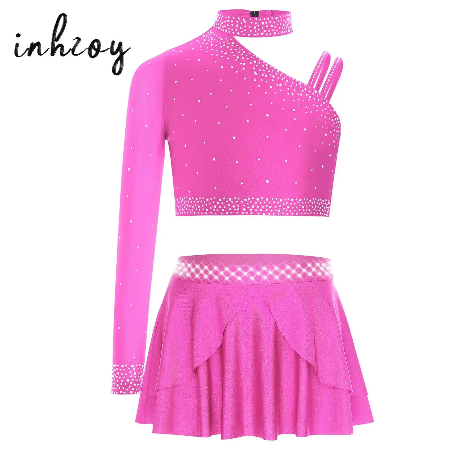 

Kids Girls Gymnastics Skating Dance Outfit Sheer Mesh Glittery Rhinestones Crop Top+Skirt Set for Gymnastics Dance Performance